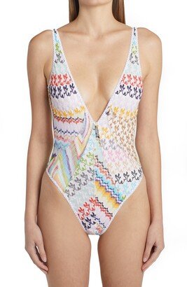 Patchwork Panel Plunge Neck One-Piece Swimsuit