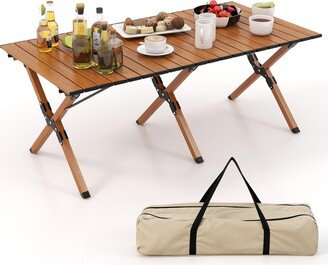 Folding Aluminum Camping Table with Carry Bag Roll-Up Picnic Table with Wood Grain