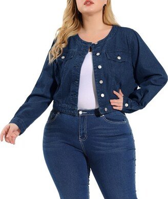 Agnes Orinda Women's Plus Size Long Sleeves Button Down Crew Neck Short Denim Jacket Dark Blue 3X