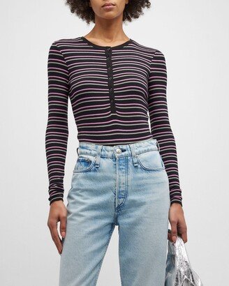 Long-Sleeve Striped Henley Bodysuit