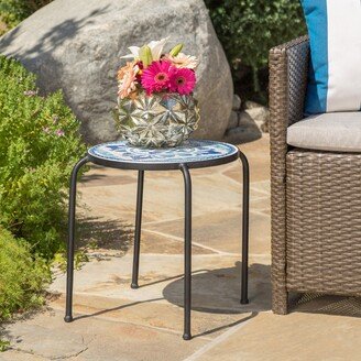 Skye Outdoor Round Ceramic Tile Side Table with Iron Frame