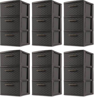 3 Drawer Wicker Weave Decorative Storage Organization Container Cabinet Tower with Driftwood Handles, Espresso (6 Pack)