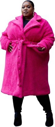 Rebdolls Women's Plus Size High Pile Fleece Lapel Collar Belted Teddy Coat - Fuchsia - Large
