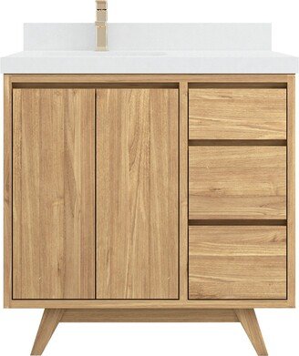 36 In. W X 22 D Madison Teak Left Offset Sink Bathroom Vanity in Light Natural With Quartz Or Marble Countertop | Mid Century