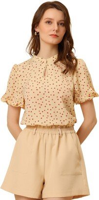 Allegra K Women's Peasant Floral Dotted Stand Collar Puff Sleeve Keyhole Casual Vintage Blouse Beige X-Small