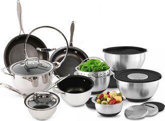 21-Piece Stainless Steel Cookware and Mixing Bowls Set, Non-Stick Pots, Pans & Skillets Nesting Bowls with Lids & Interchangeable Blades