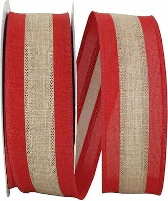 Red With Natural Color Center Stripe Linen Wired Ribbon