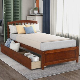 Calnod Storage Twin Size Platform Bed with 2 Side Drawers and Vintage Headboard - Solid Wood Slats Support - Kids' Bedroom Furniture