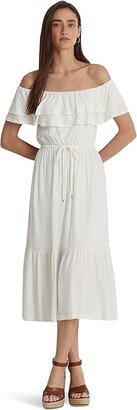 Petite Jersey Off-the-Shoulder Dress (White) Women's Clothing