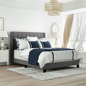 TOSWIN Linen Upholstered Platform Bed with Classic Headboard, Sturdy Wood Frame, Queen Size