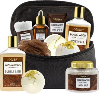 Lovery Luxury Spa Kit for Men - Sandalwood Bath Set - Personal Care Kit in Brown Leather Cosmetic Bag