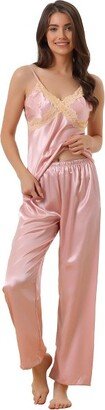 cheibear Womens Silky Lace Camisole with Pants Loungewear Pajama Sets 2 Pcs Medium