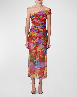 Floral One-Shoulder Ruched Midi Dress with Shoulder Sash-AA