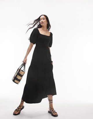 shirred midi dress in black