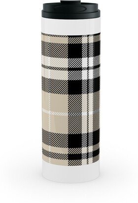 Travel Mugs: Fall Plaid Stainless Mug, White, 16Oz, Beige