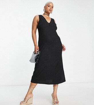 ASOS DESIGN Curve textured v neck midi dress with crochet detail in black