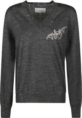 Bat Embroidered V-neck Sweater