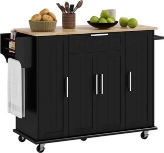 HOMCOM Kitchen Island on Wheels, Rolling Kitchen Cart with Solid Wood Top, Drawer, Spice Rack, Storage Cabinet with Adjustable Shelves, Black