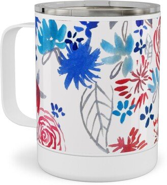 Travel Mugs: Patriotic Watercolor Floral - Red White And Blue Stainless Steel Mug, 10Oz, Multicolor