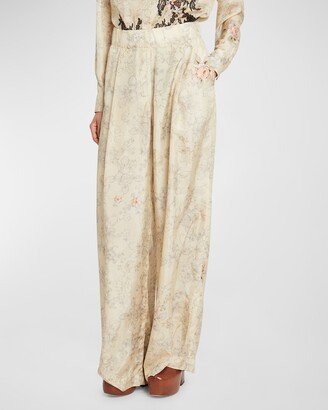 Pila Floral-Print Pleated Wide-Leg Silk Pull-On Pants