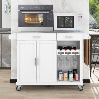 Calnod Kitchen Cart with Stainless Steel Top and Storage Cabinet, Kitchen Island on Wheels with Two Drawers Goblet Holder Wine Rack