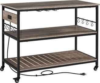 3-Tier Kitchen Island Rolling Cart with Shelves for Dining Room-Taupe Wood