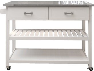 White Kicthen Cart With Two Drawers,Shelf and Stainless Steel Table Top