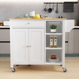 Double Door Kitchen Island with Lockable Wheels, Towel Rack, Storage Drawer and Three Open Shelves