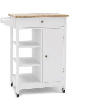 RASOO Kitchen Island Rubber Wood Table Top Rolling Trolley Cart with Drawer and Doors & Towel Rack, Removable Lockable Wheels