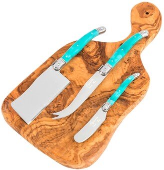 Olive Wood 13-inch Cheese Board & Set of 3 Laguiole Cheese Knives w/ Faux Turquoise Handles