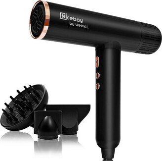 Nicebay 1600W High-Speed Brushless Motor Ionic Blow Dryer with Diffuser and 3 Magnetic Attachments for Fast Drying and Constant Temperature - Black