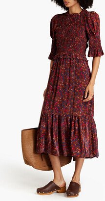 Ilana shirred printed crepe de chine midi dress