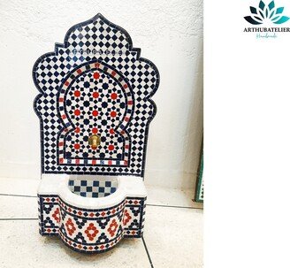 Fountain With Mosaic, Moorish Tile Fountain Mosaic Artwork, Water Inside Fountain, Moroccan Fountain, Terrace Indoor Decor-AA