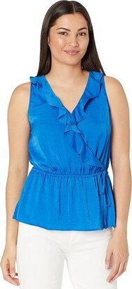 Sleeveless Ruffle Wrap Front Rumple Blouse (Santorini Blue) Women's Blouse