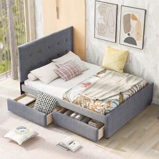 RASOO Gray Linen Bed with Headboard, 2 Drawers, Solid Wood Frame-AB