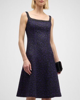 Square-Neck Leopard Paillette Knit Sleeveless A-line Dress