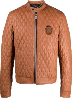 Crest-Motif Quilted Leather Jacket