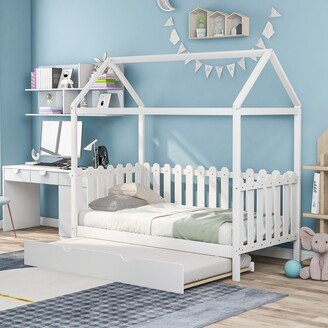 Calnod Vintage Twin Size House Bed with Trundle and Fence-Shaped Guardrail, Rustic Style Kids' Bedroom Furniture