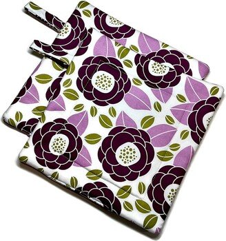 Quilted Pot Holders Set O 2 Green Purple Flowers On White, Joel Dewberry