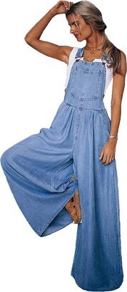 Mywinway Denim Overalls for Women Casual Loose Fit Baggy Wide Leg Jean Jumpsuit (Blue