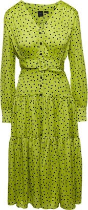 Polka-Dot-Print V-Neck Long-Sleeved Dress