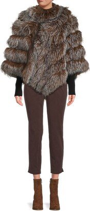 Faux Fur & Leather-Trim Chubby Poncho-AA