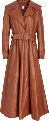 Leather Full-skirt Trench Coat Overcoat Brown