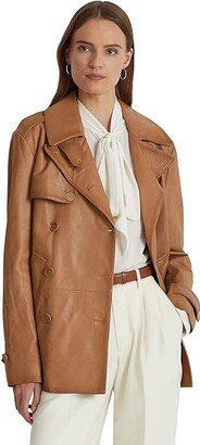 Double-Breasted Nappa Leather Coat (Dark Camel) Women's Clothing