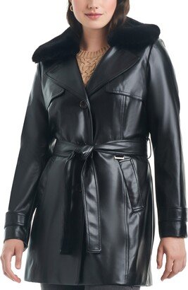 Women's Faux-Leather Belted Trench Coat-AA