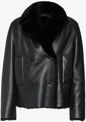 Womens Black Calla Notched-lapel Leather and Shearling Coat