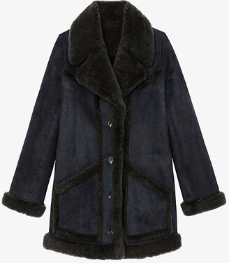 Womens Noir Laury Oversized-collar Shearling-lined Leather Coat