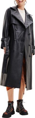 Belted Faux Leather Trench Coat-AC