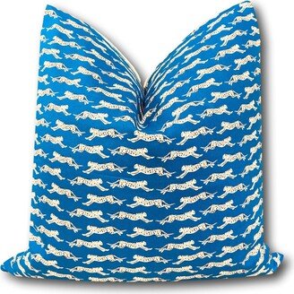 Leaping Leopards Blue Pillow Cover - Schumacher Animal Leopard W/Ivory Linen Decorative Cover Only