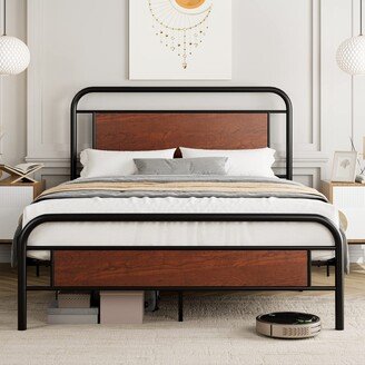 CatheLi Metal Support Bed Frame with Wooden Headboard